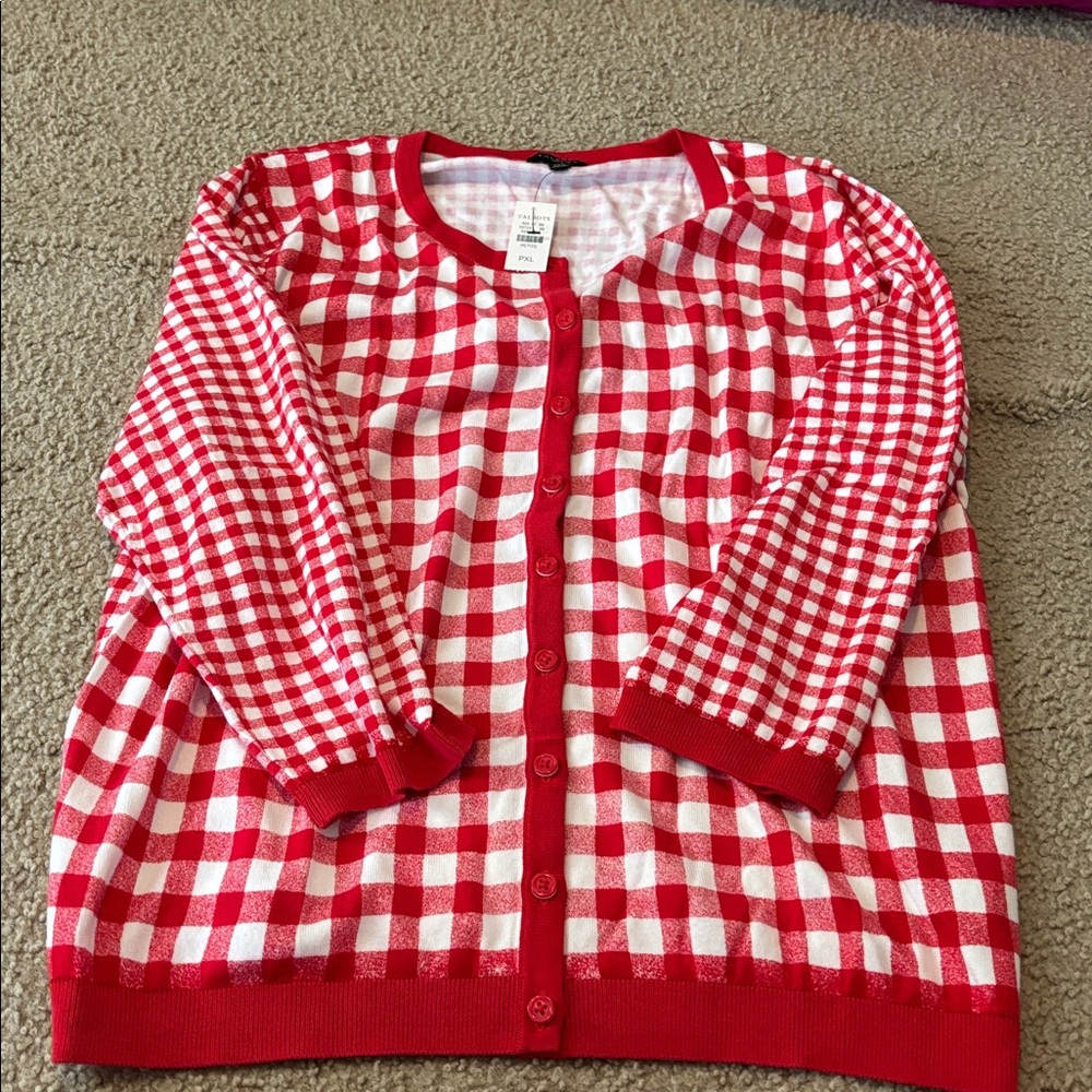 Talbots Red and White Checkered Cardigan